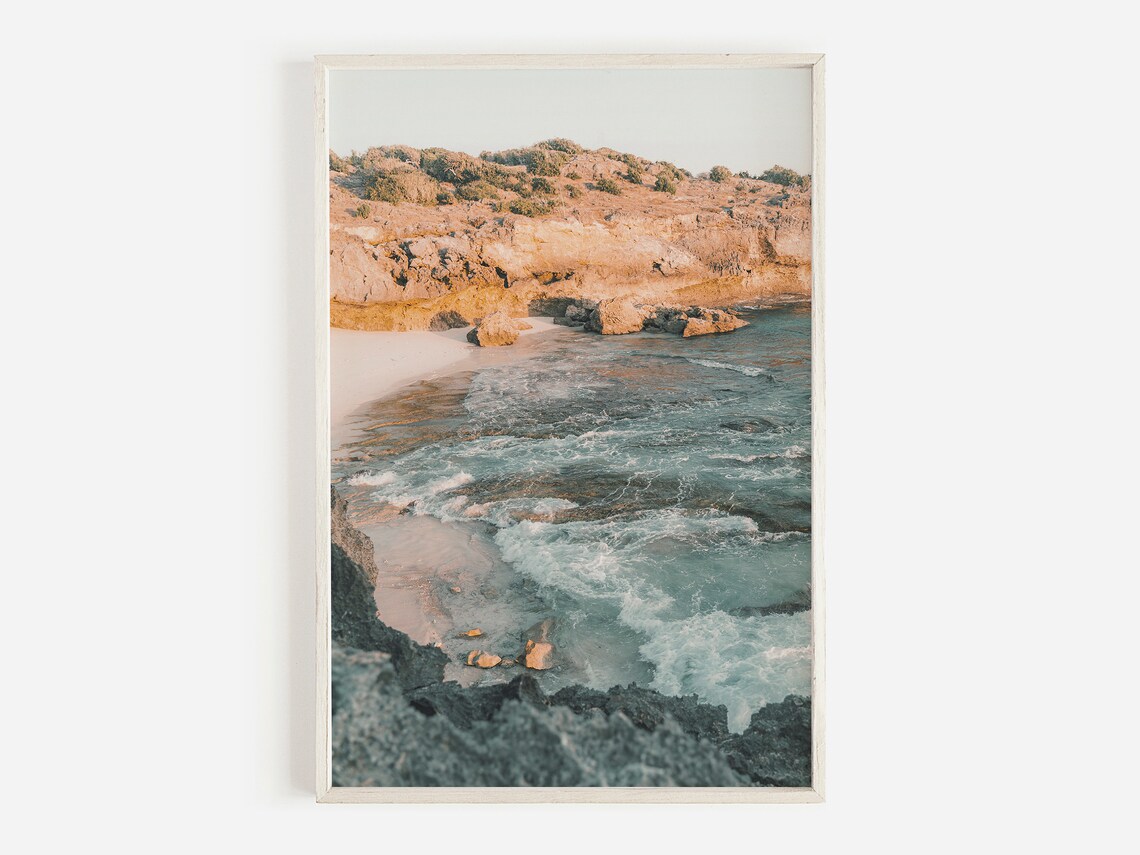 Beach Cove Sunset Ocean Waves Print, Greece Travel Poster
