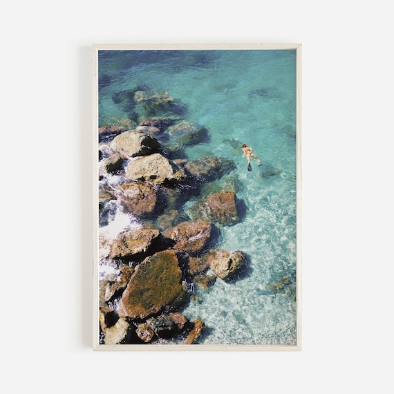 Sardinia Italy Aerial Snorkeler Turquoise Water Rocky Coastline Poster