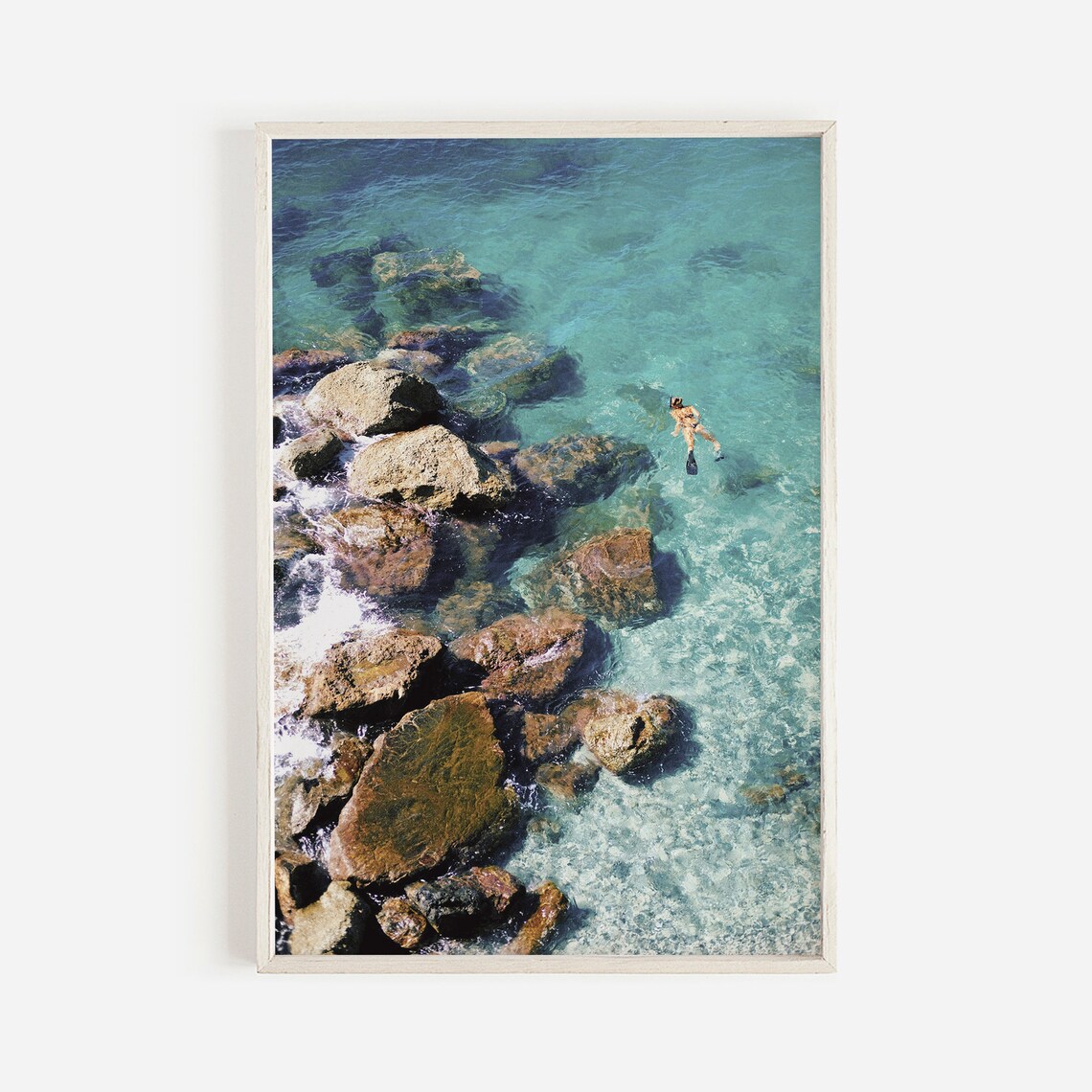 Sardinia Italy Aerial Snorkeler Turquoise Water Rocky Coastline Poster
