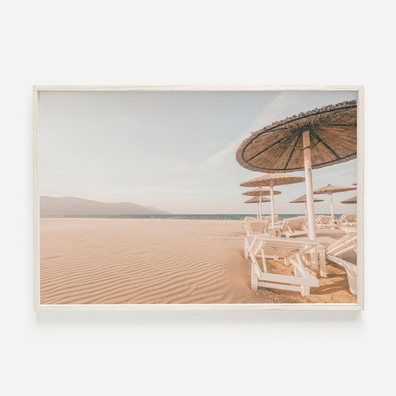 Greece Sandy Beach Straw Umbrellas Lounge Chairs Sea View Travel Poster