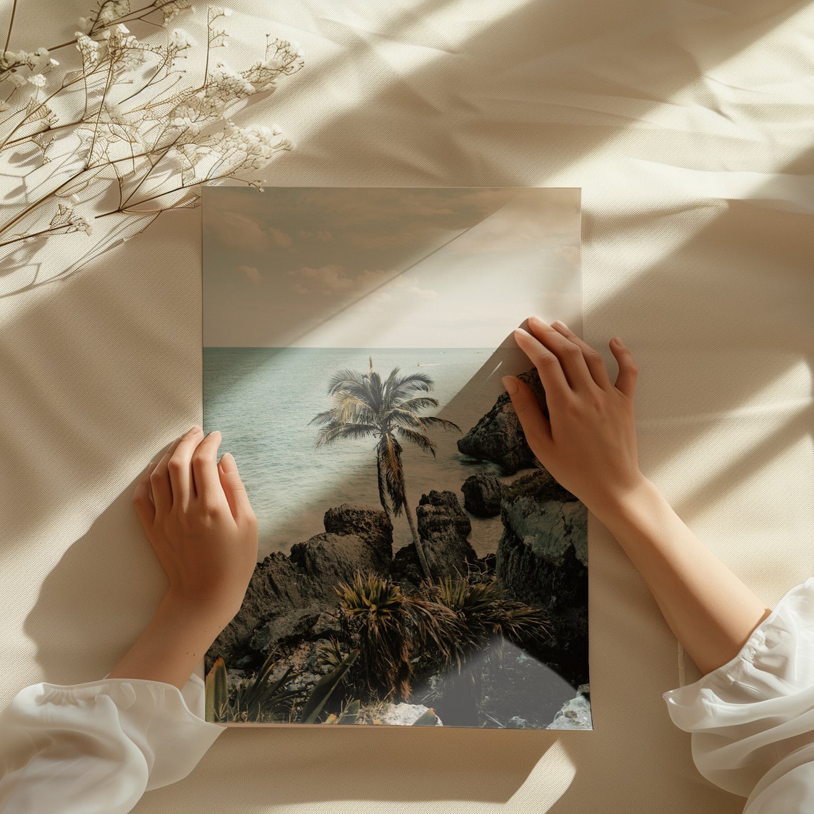 Tulum Mexico Rocky Coast Palm Tree Ocean Overlook Serene View Poster - Image 3