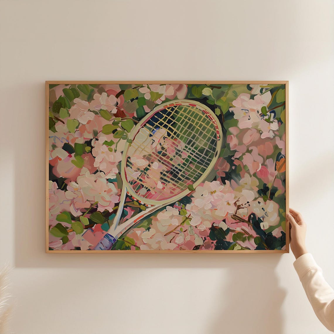 Pink Preppy Tennis Wall Art Tennis Racket In Flowers Girly Tennis Aesthetic Mid Century Illustration Tennis Poster Minimalist Decor - Image 3