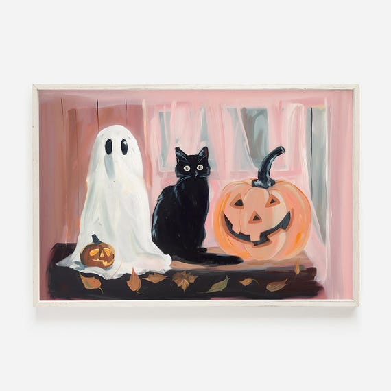 Cute Ghost And Cat Print Best Friends Halloween Art Spooky Jack O Lantern Poster Girly Halloween Decor Trendy Aesthetic Colorful Fall