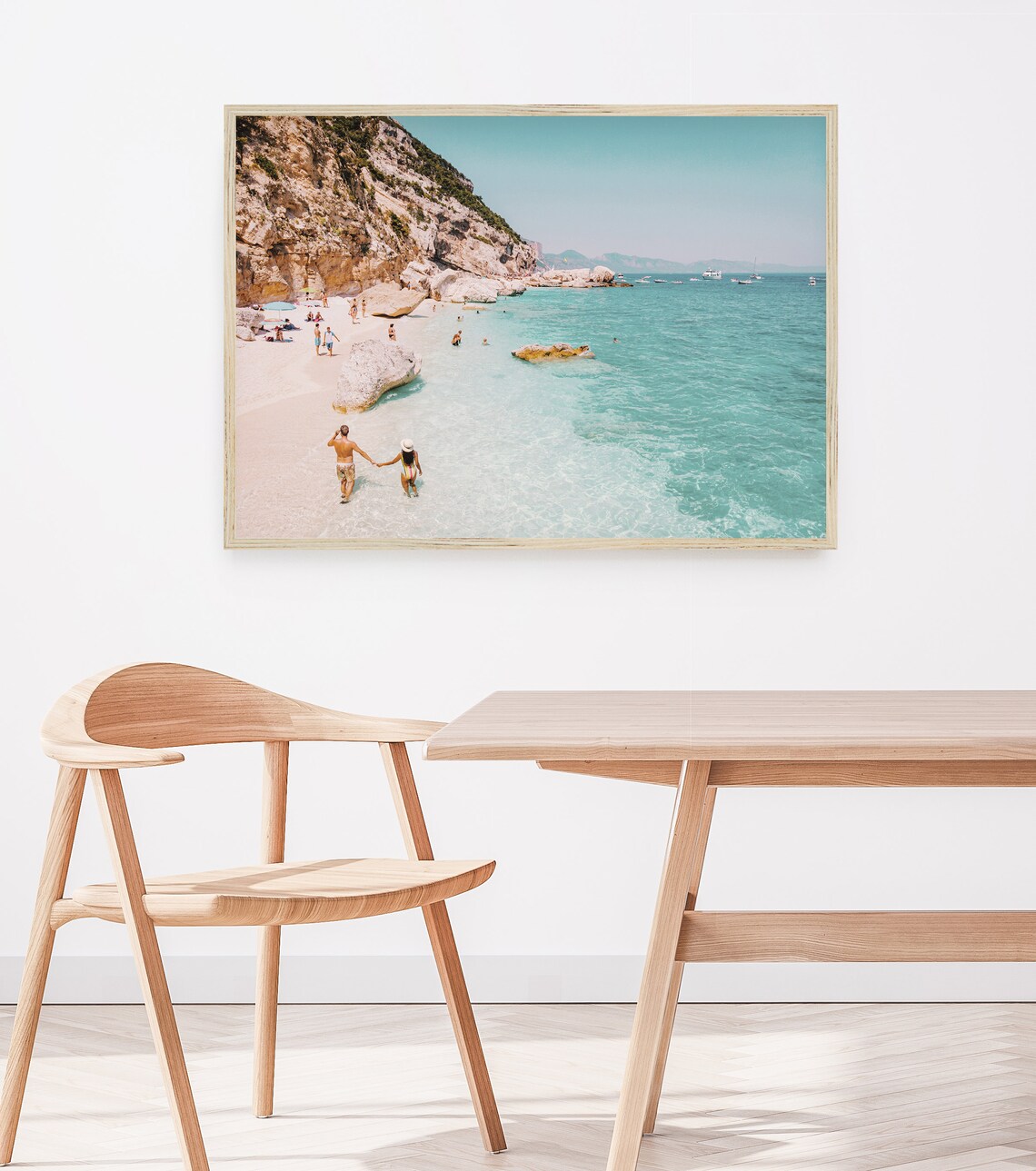 Mediterranean Turquoise Cove Beach Cliffs Couple Sandy Shore Travel Poster - Image 4