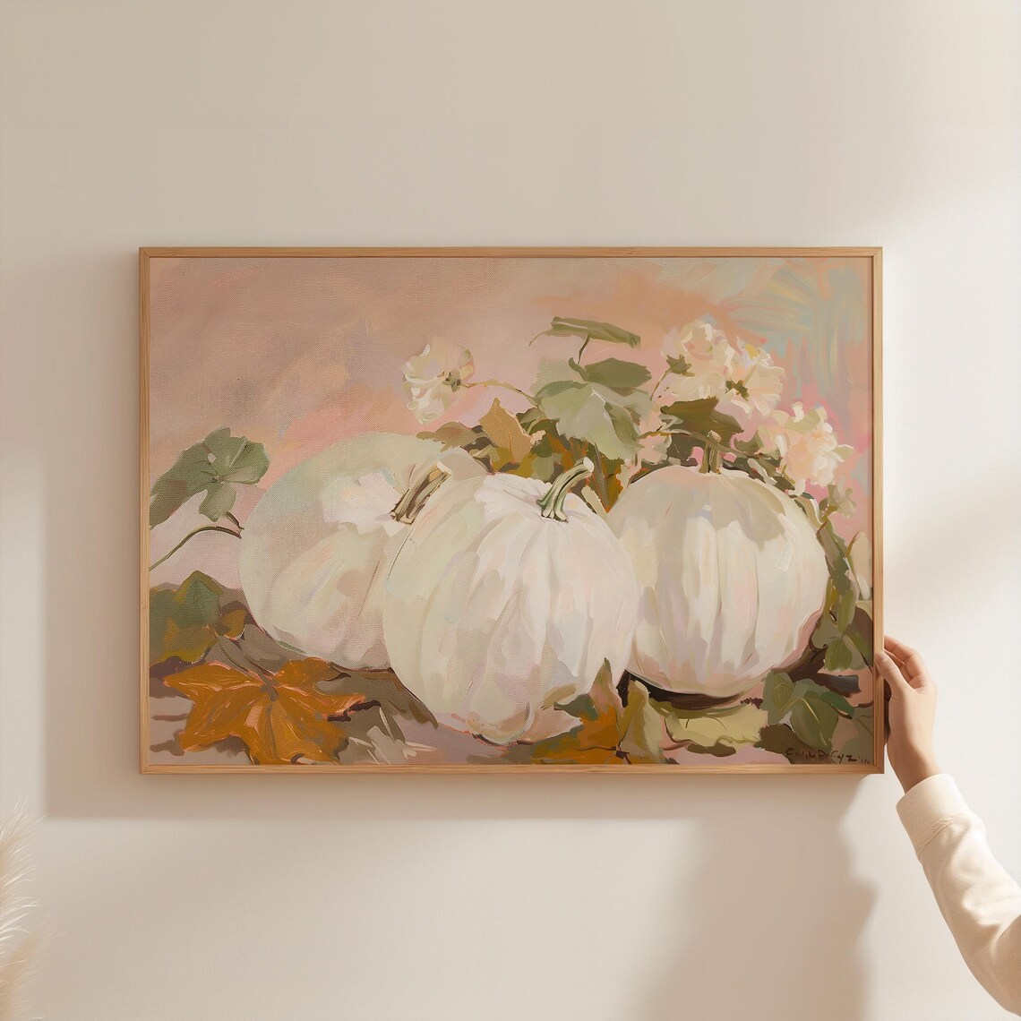 White Pumpkin Still Life Painting Beige Autumn Harvest Farmhouse Wall Art Print - Image 3