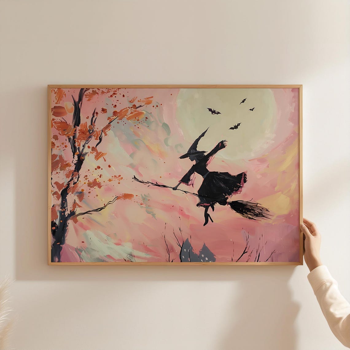 Witch Flying On Broomstick Pink Sunset Halloween Painting Art Poster - Image 3