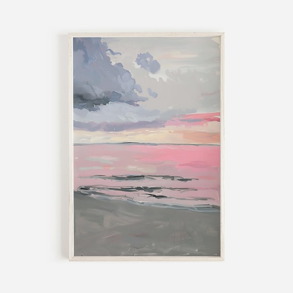Pink Beach Sunset Hand Painted Ocean Waves Pastel Coastal Art Poster