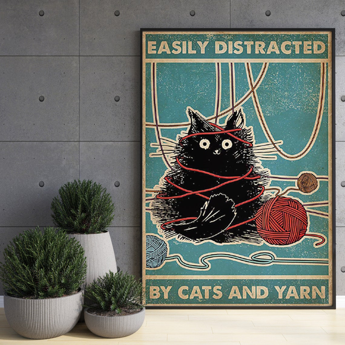 Easily Distracted By Cats And Yarn Black Cat Knitting Art Poster - Image 3