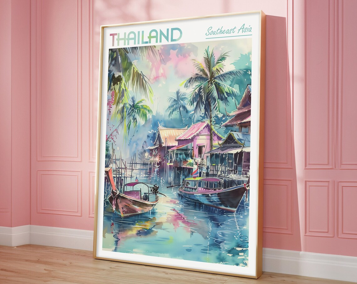 Thailand Watercolor Longtail Boats Floating Village Travel Poster