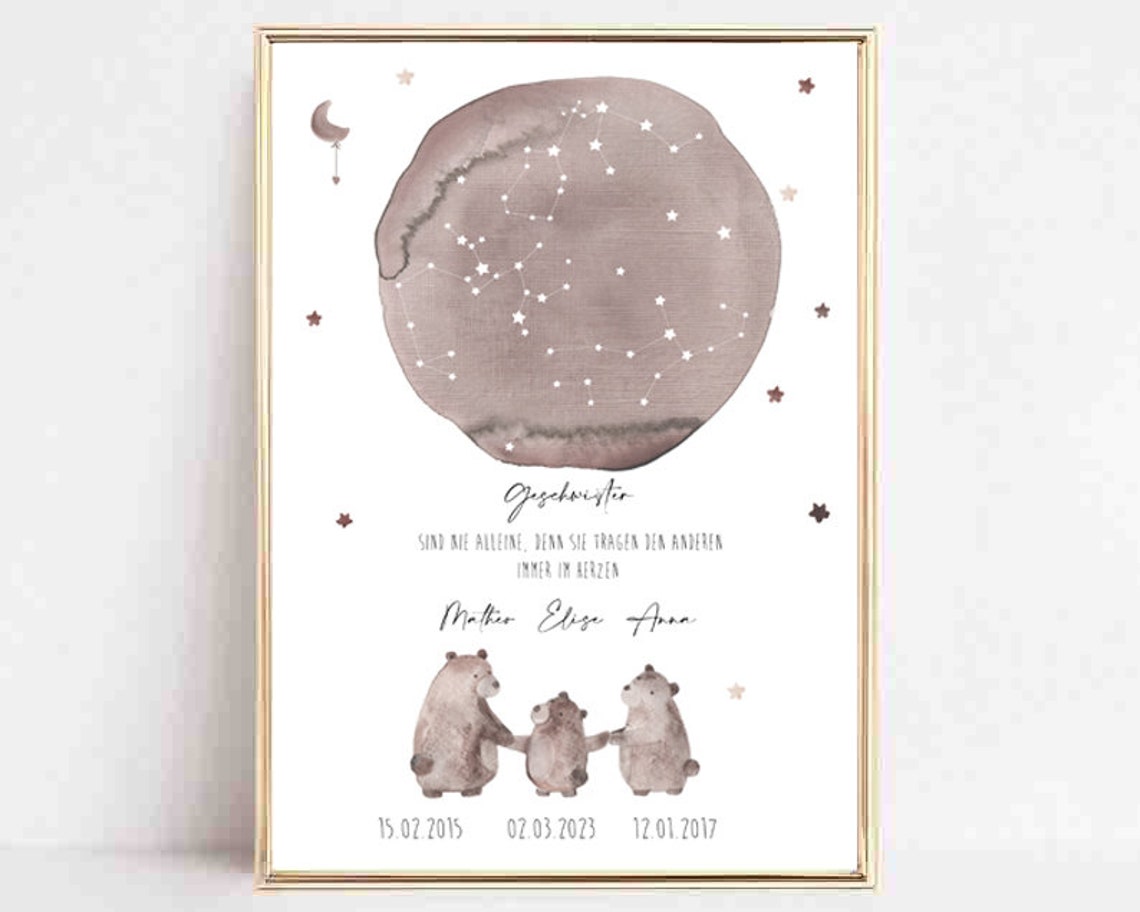 Geschwister Personalized Sibling Names Starry Moon Bear Poster