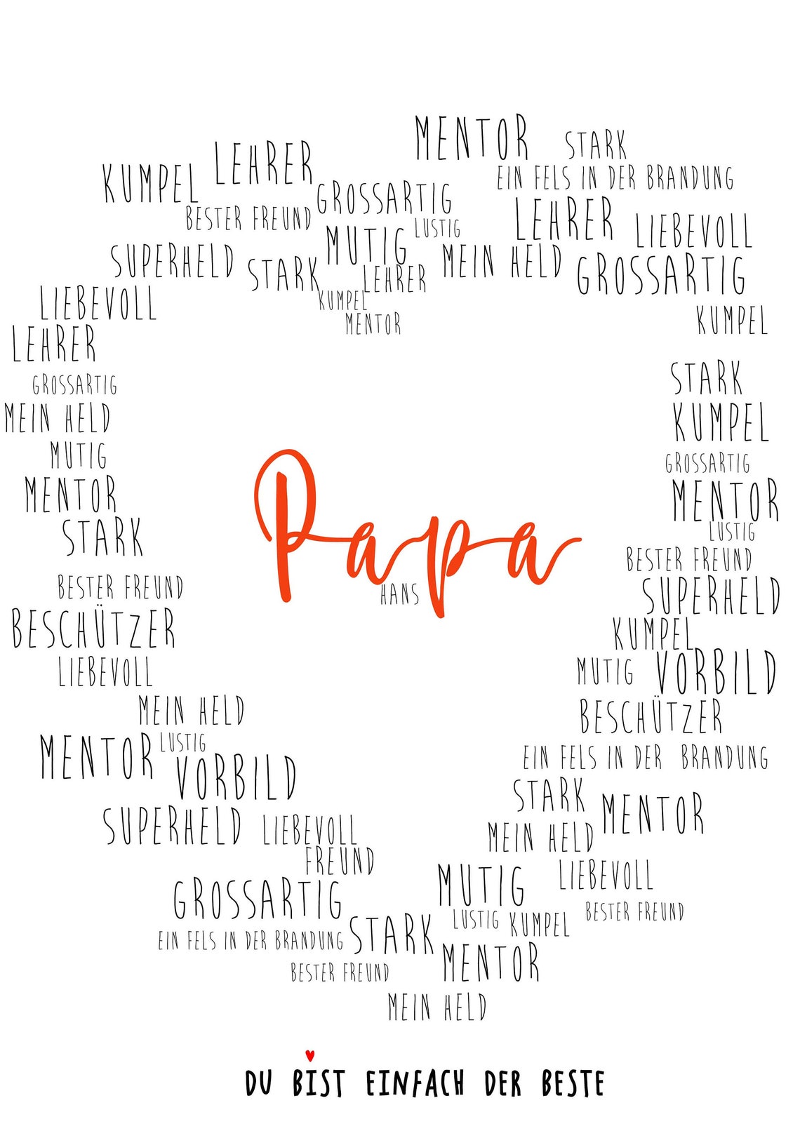 Papa Heart Word Art German Father's Day Gift Typographic Poster