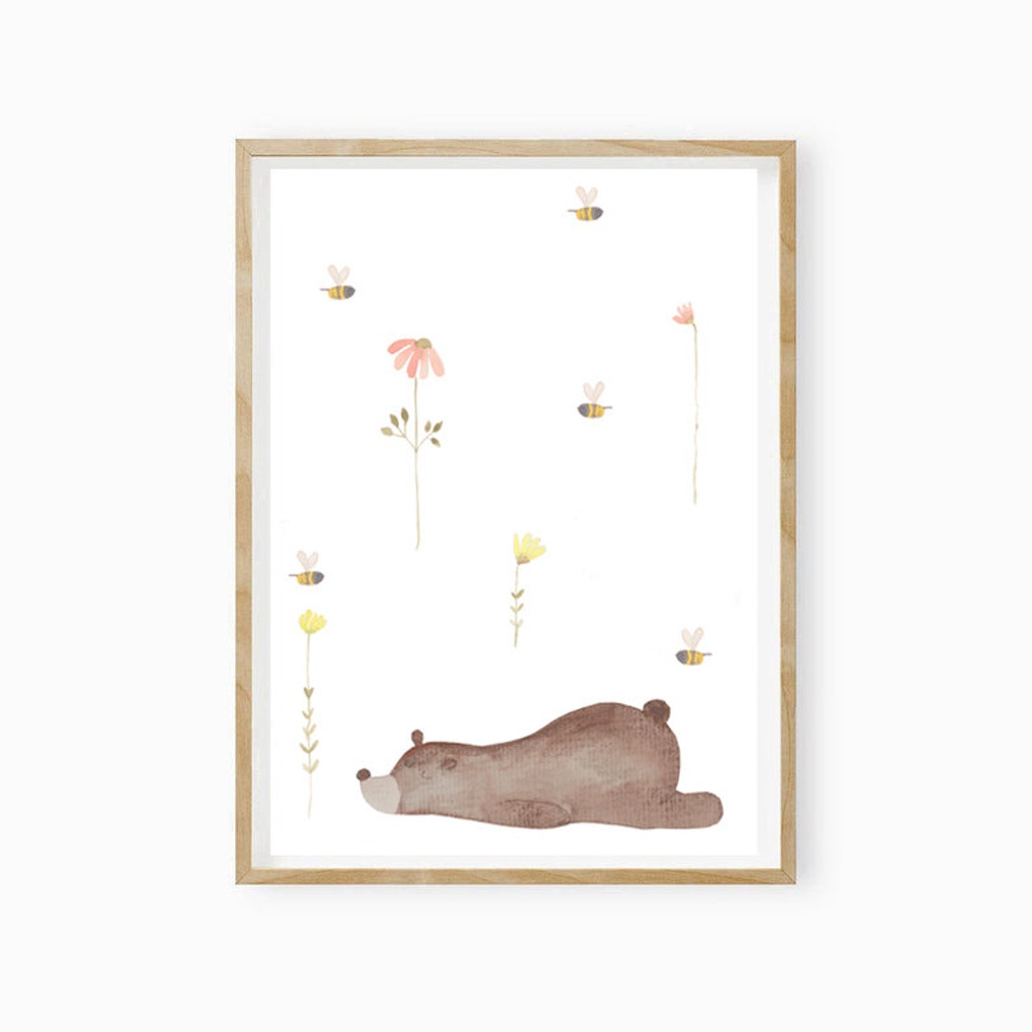 Sleeping Watercolor Bear with Bees and Wildflowers Nursery Print