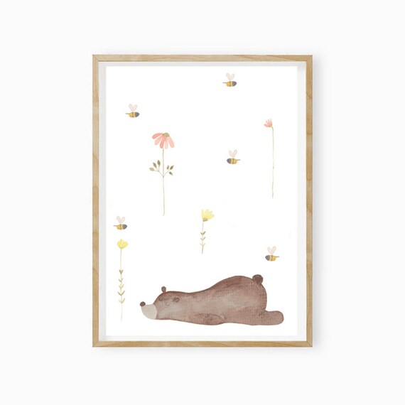 Sleeping Watercolor Bear with Bees and Wildflowers Nursery Print