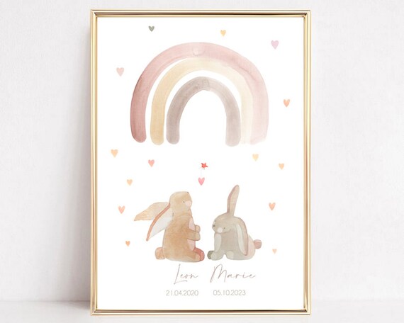 Sibling Bunnies Rainbow Hearts Personalized Kids Names Art Poster