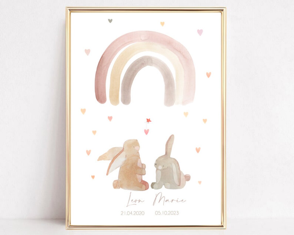 Sibling Bunnies Rainbow Hearts Personalized Kids Names Art Poster