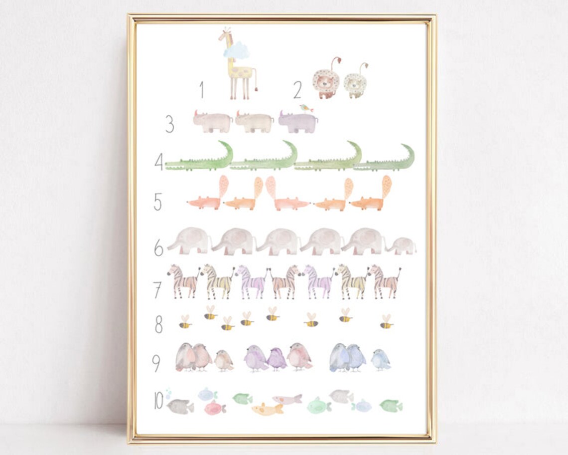 Watercolor Animals Number Chart 1 To 10 Educational Kids Poster
