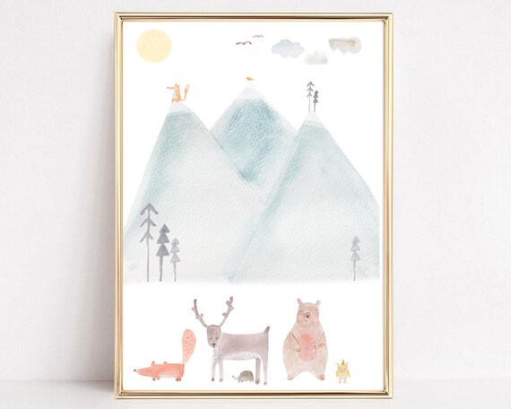 Watercolor Mountains With Fox Deer Bear And Friends Nursery Poster