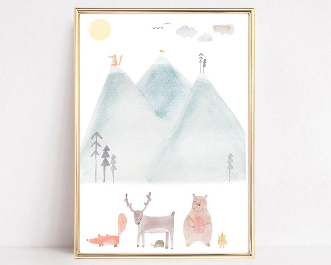 Watercolor Mountains With Fox Deer Bear And Friends Nursery Poster