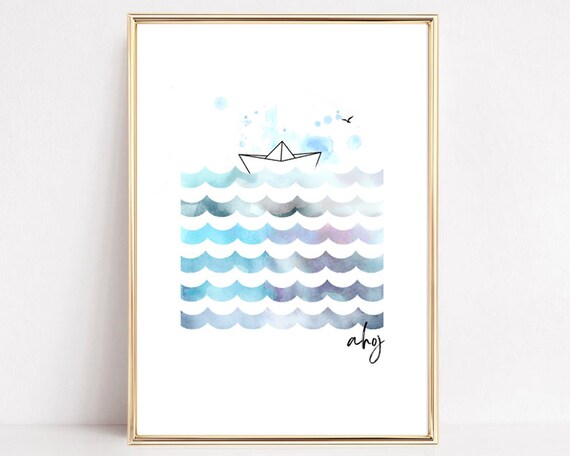 Watercolor Paper Boat On Waves Ahoj Sea Nursery Kids Room Poster
