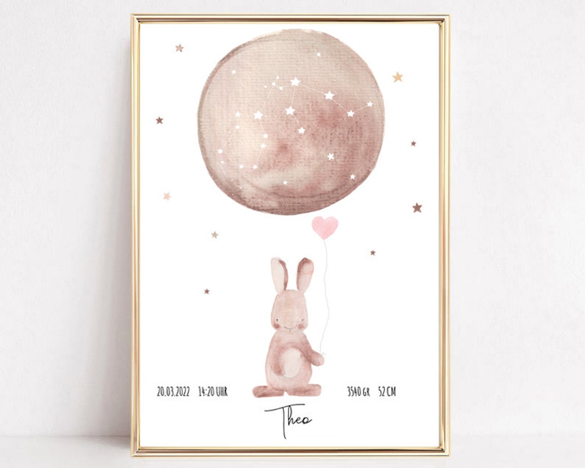 Theo Personalized Pink Bunny Heart Balloon Birth Details Print