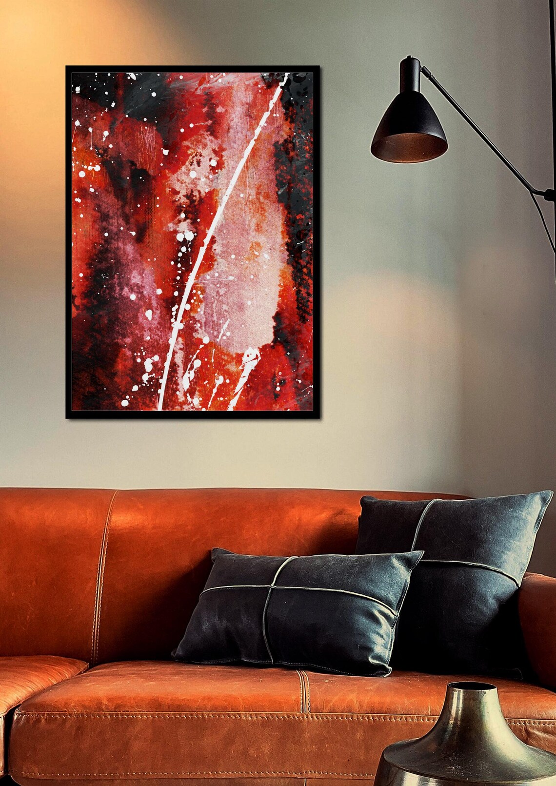 Night Sky Abstract Painting Acrylic On Paper Red White Orange And Black Tones Abstract Art Print - Image 2