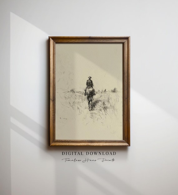 Vintage Cowboy On Horses Sketch Print, Western Rustic