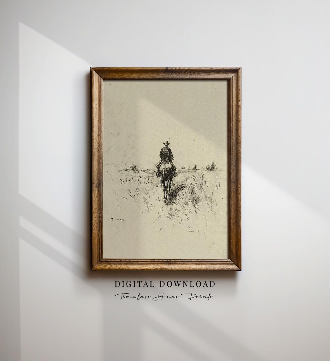 Vintage Cowboy On Horses Sketch Print, Western Rustic