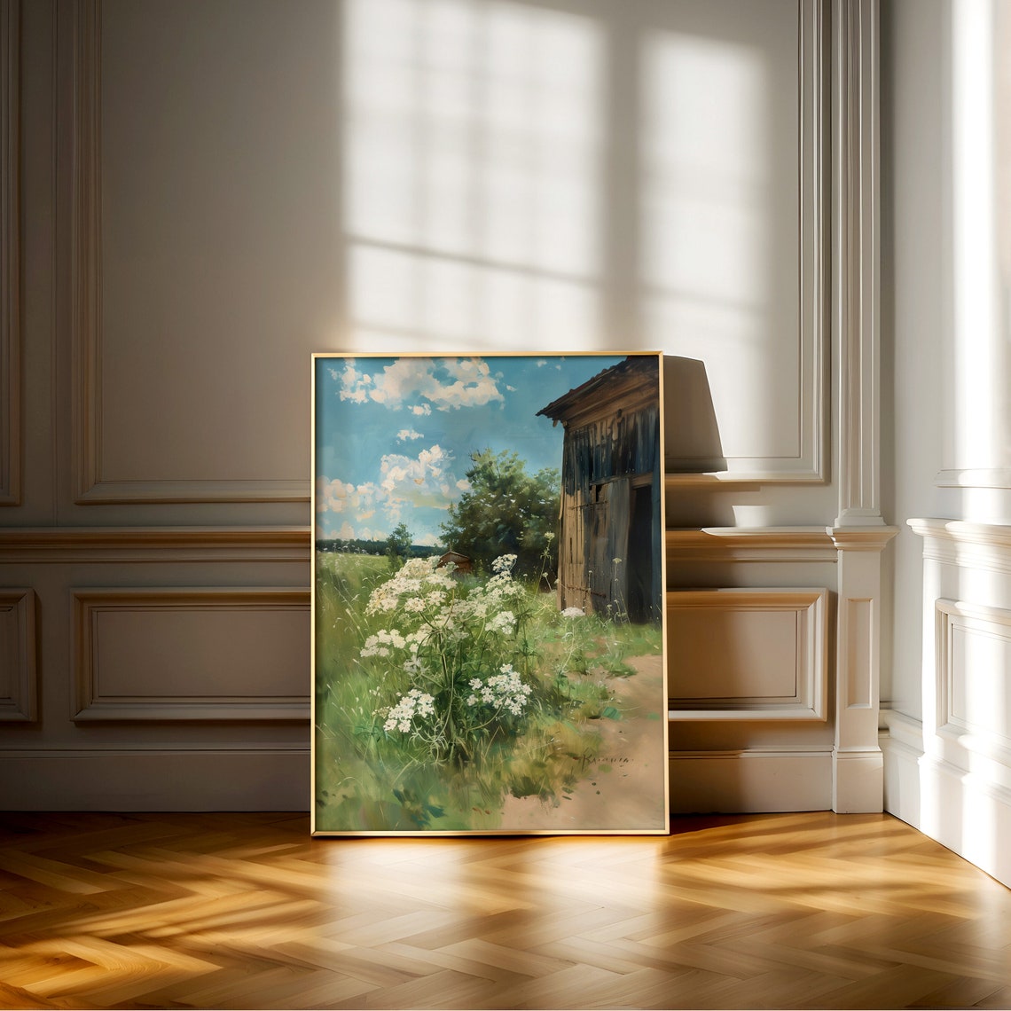 Weathered Barn Sunny Meadow White Wildflowers Rustic Farm Poster - Image 2