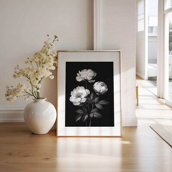 White Peony Blossoms In Dramatic Black And White Floral Poster