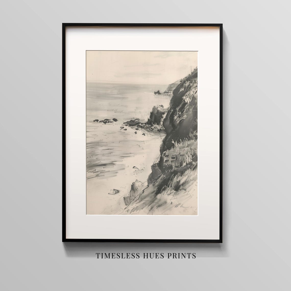 Black and White Coastal Cliff Sketch Minimalist Charcoal Beach Poster