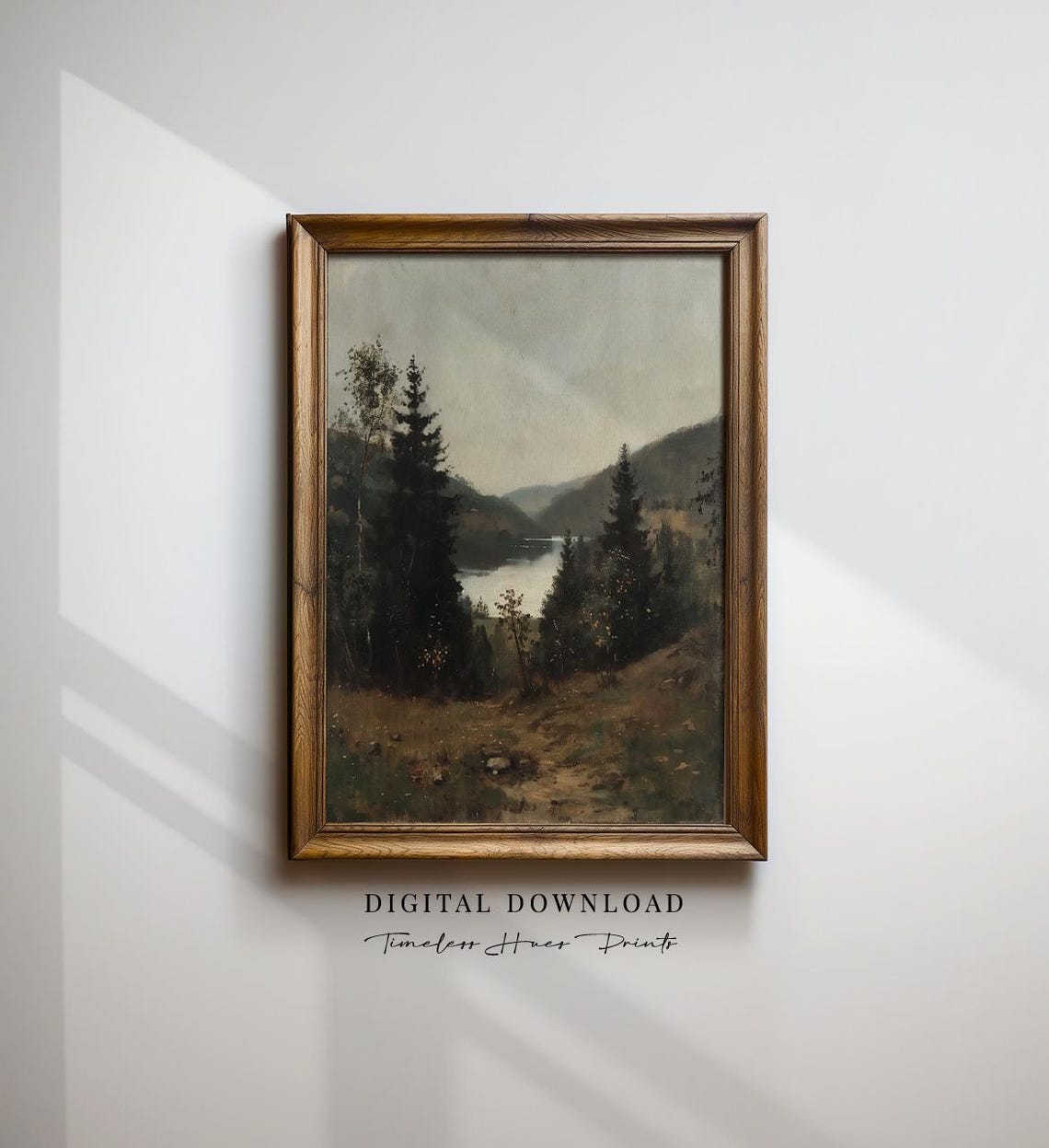 Moody Vintage Pine Mountain Lake Tonalism Oil Painting Print