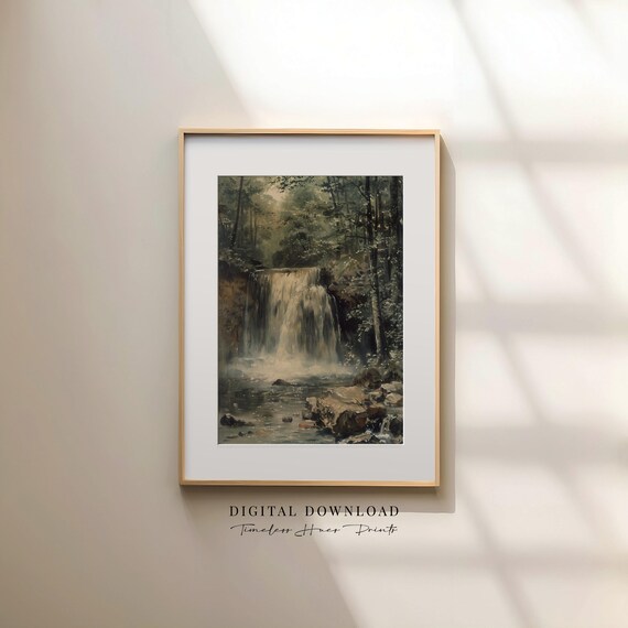 Vintage Woodland Waterfall Oil Painting Dark Academia Art Print