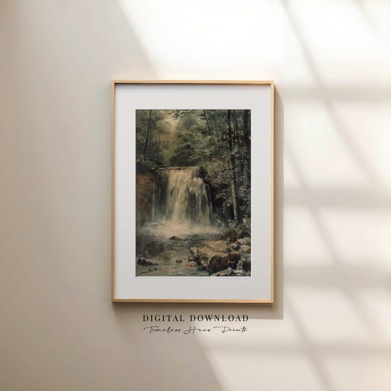 Waterfall Painting Vintage Moody Forest Landscape Art Dark Academia Decor Rustic Cabin Wall Antique Scenery