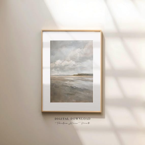 Misty Coastal Morning Painting Minimalist Moody Beach Art Calm Ocean Seascape Muted Greige Wall