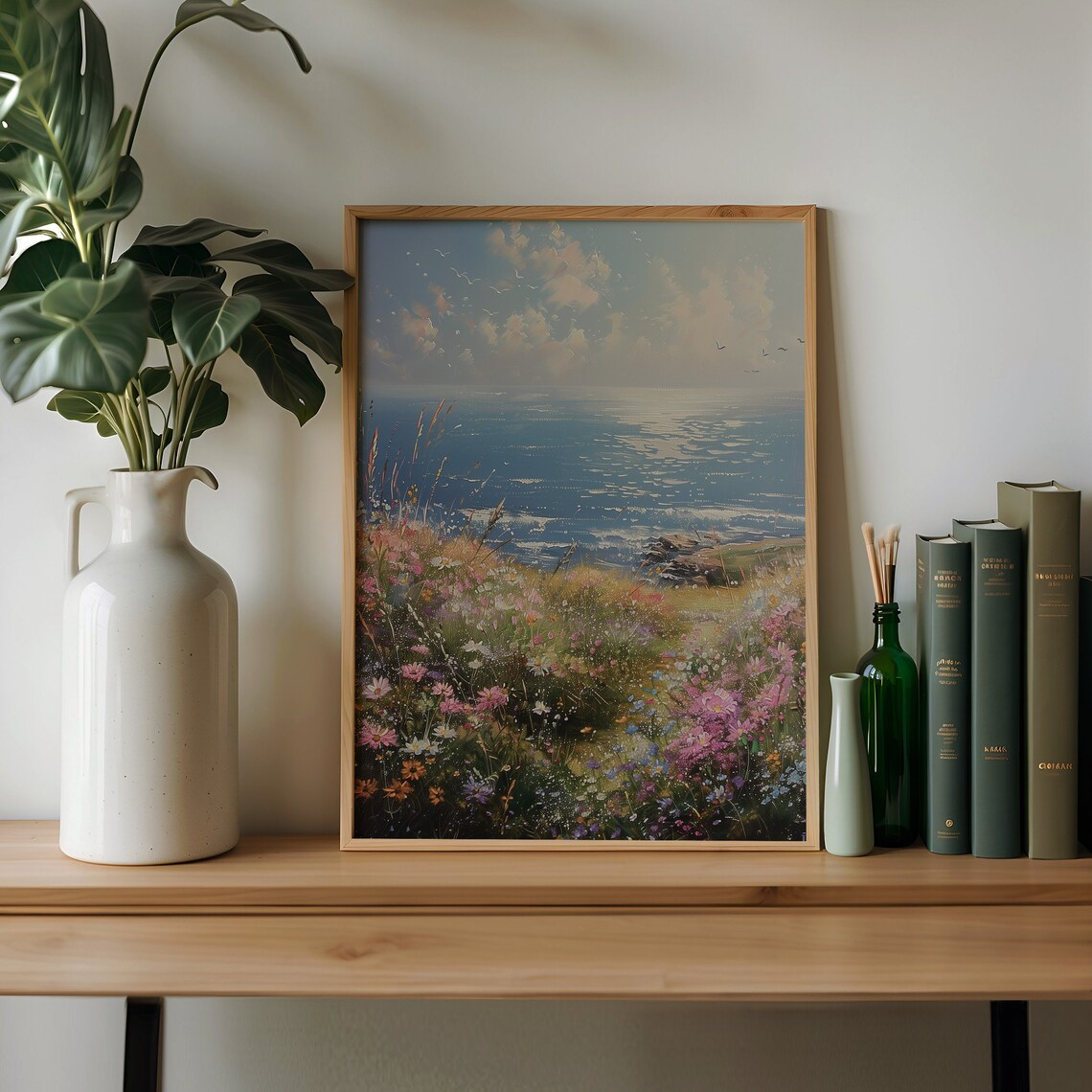 Coastal Wildflower Meadow Sloping to Blue Sea Oil Painting Poster - Image 2
