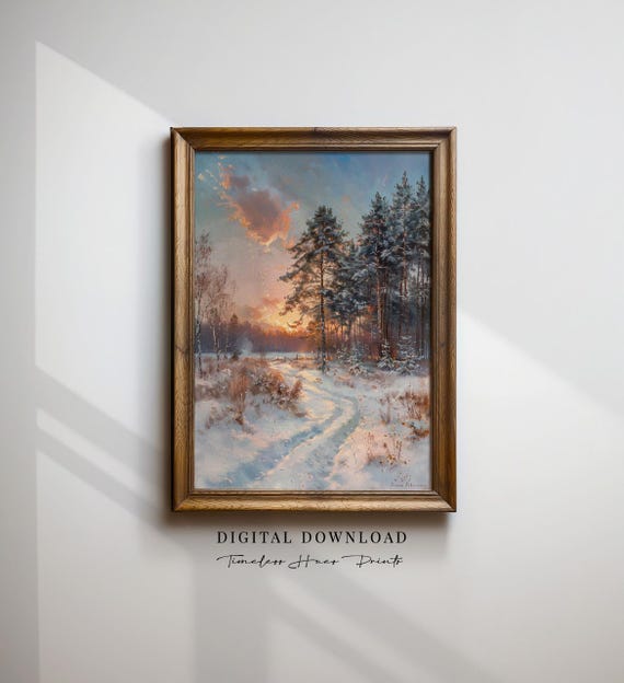 Winter Sunset Painting Snowy Forest Landscape Art Nature Wall Moody Print Rustic Home Decor