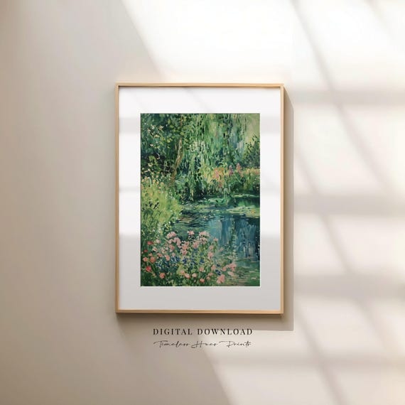 Monetinspired Garden Painting Giverny Landscape Impressionist Willow Pond Art Nature