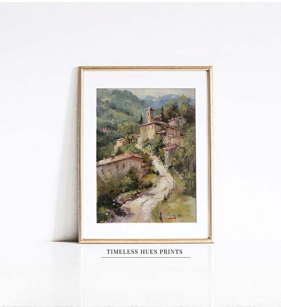 Italian Mountain Village Oil Painting Mediterranean Village Countryside Painting European Wall Decor