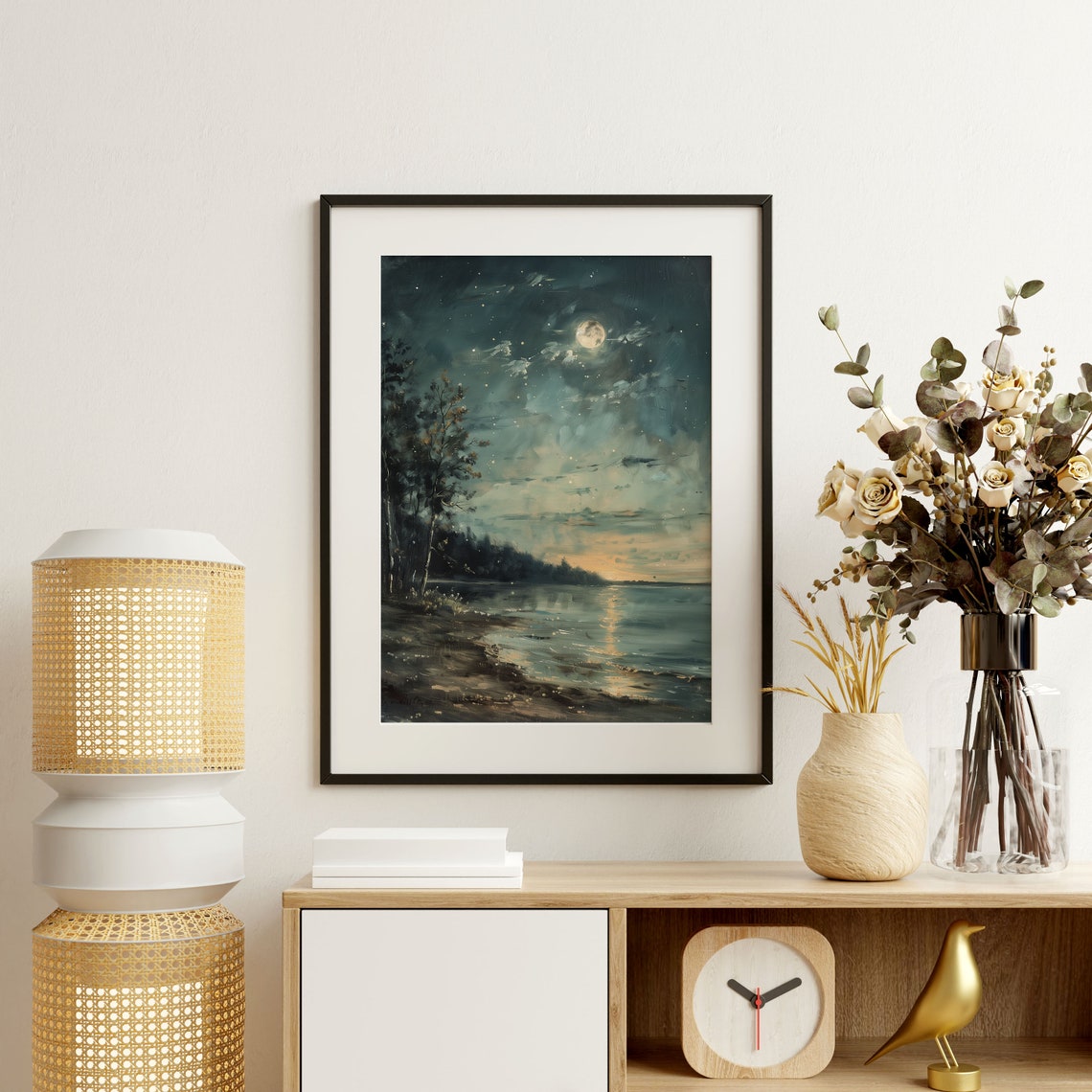 Full Moon Over A Starry Coastal Beach At Night In Deep Teal Poster - Image 2