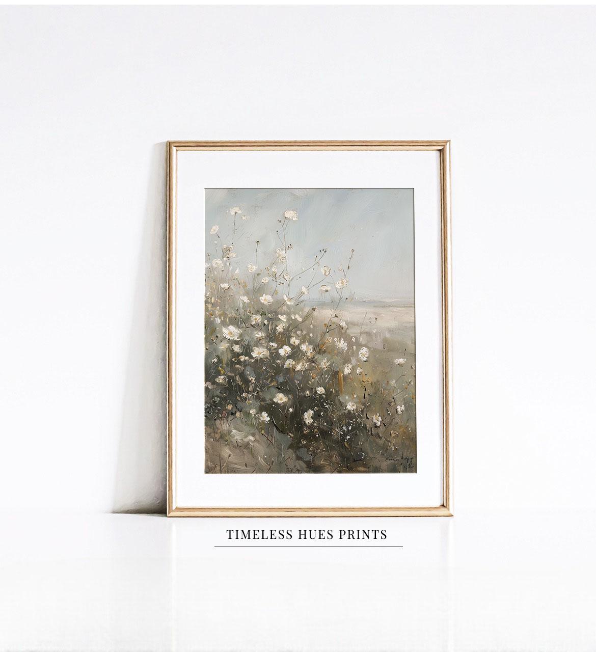 White Wildflowers Misty Dunes Foggy Coast Vintage Floral Painting Poster