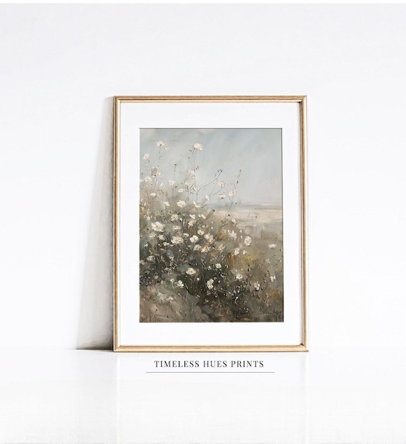 White Wildflowers Misty Dunes Foggy Coast Vintage Floral Painting Poster