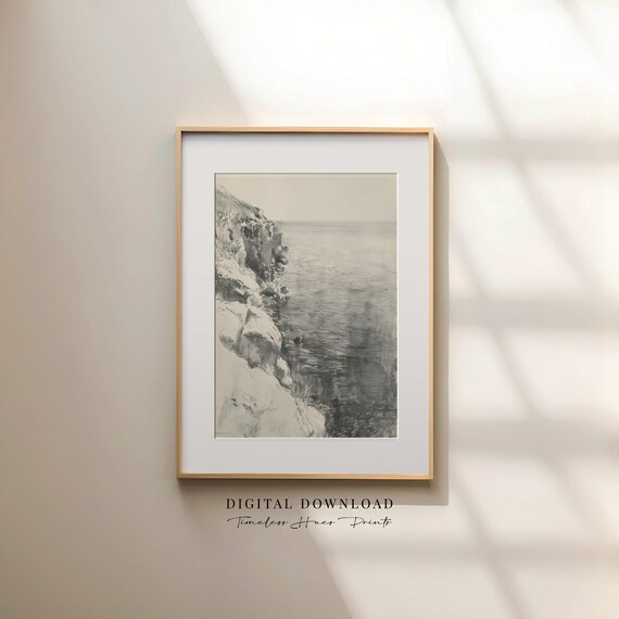 Moody Ocean Cliff Pencil Sketch Vintage Coastal Seascape Poster