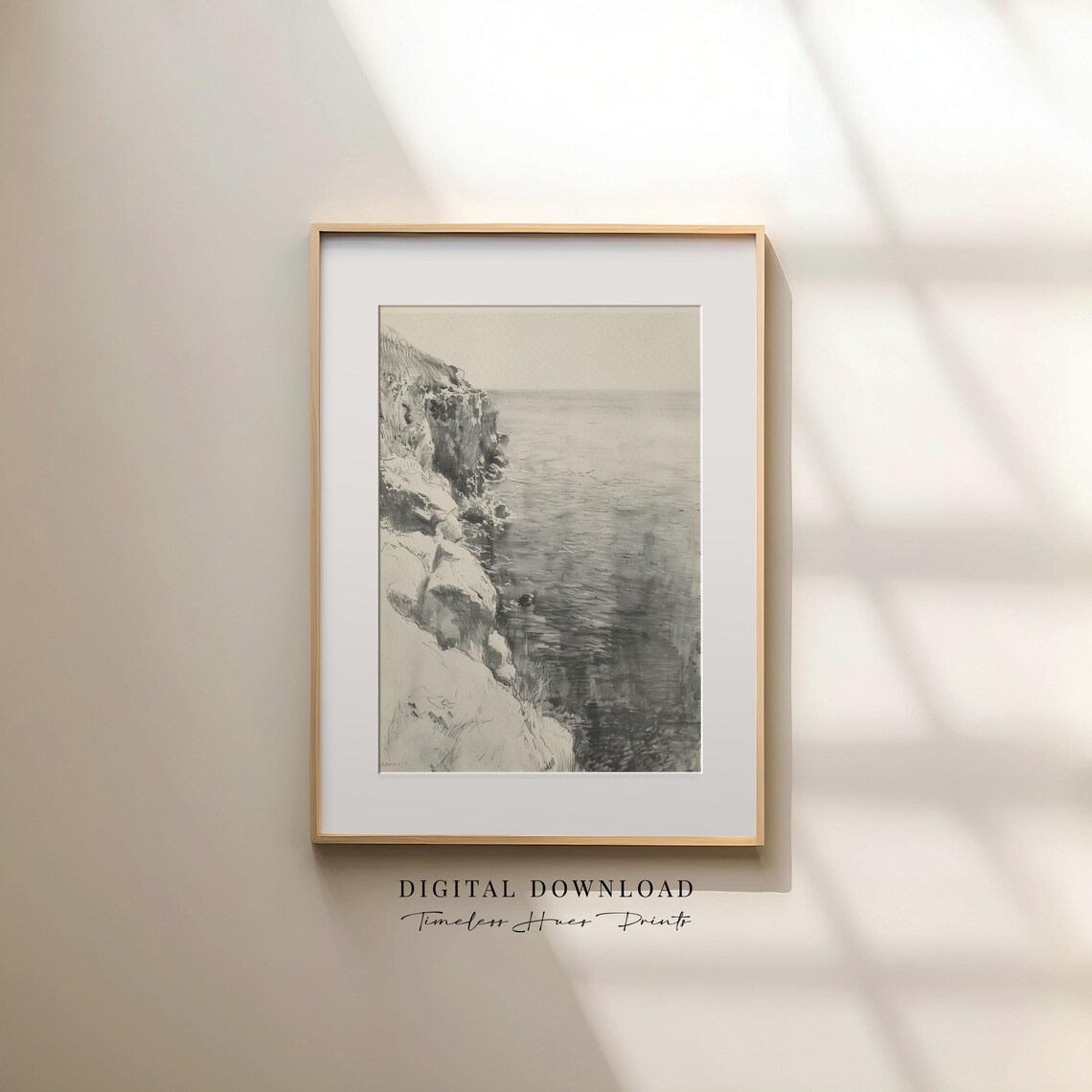 Moody Ocean Cliff Pencil Sketch Vintage Coastal Seascape Poster