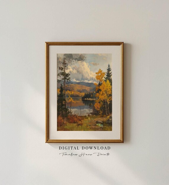 Fall Lake Reflection Oil Painting Vintage Autumn Trees Scene Poster