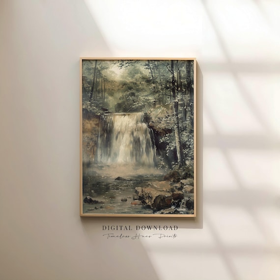 Forest Waterfall Moody Vintage Landscape Oil Painting Art Print