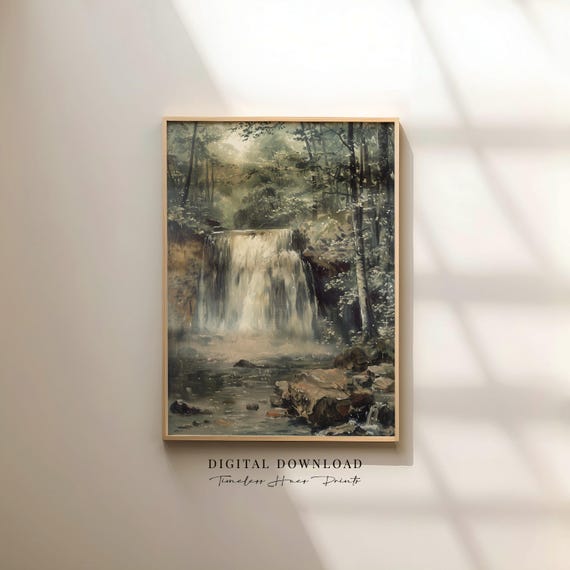 Moody Waterfall Painting Vintage Forest Landscape Art Dark Academia Decor Rustic Cabin Wall Antique Scenery