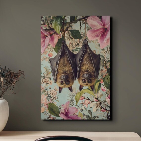 Bat Couple Hanging Upside Down Among Pink Flowers And Green Leaves Poster