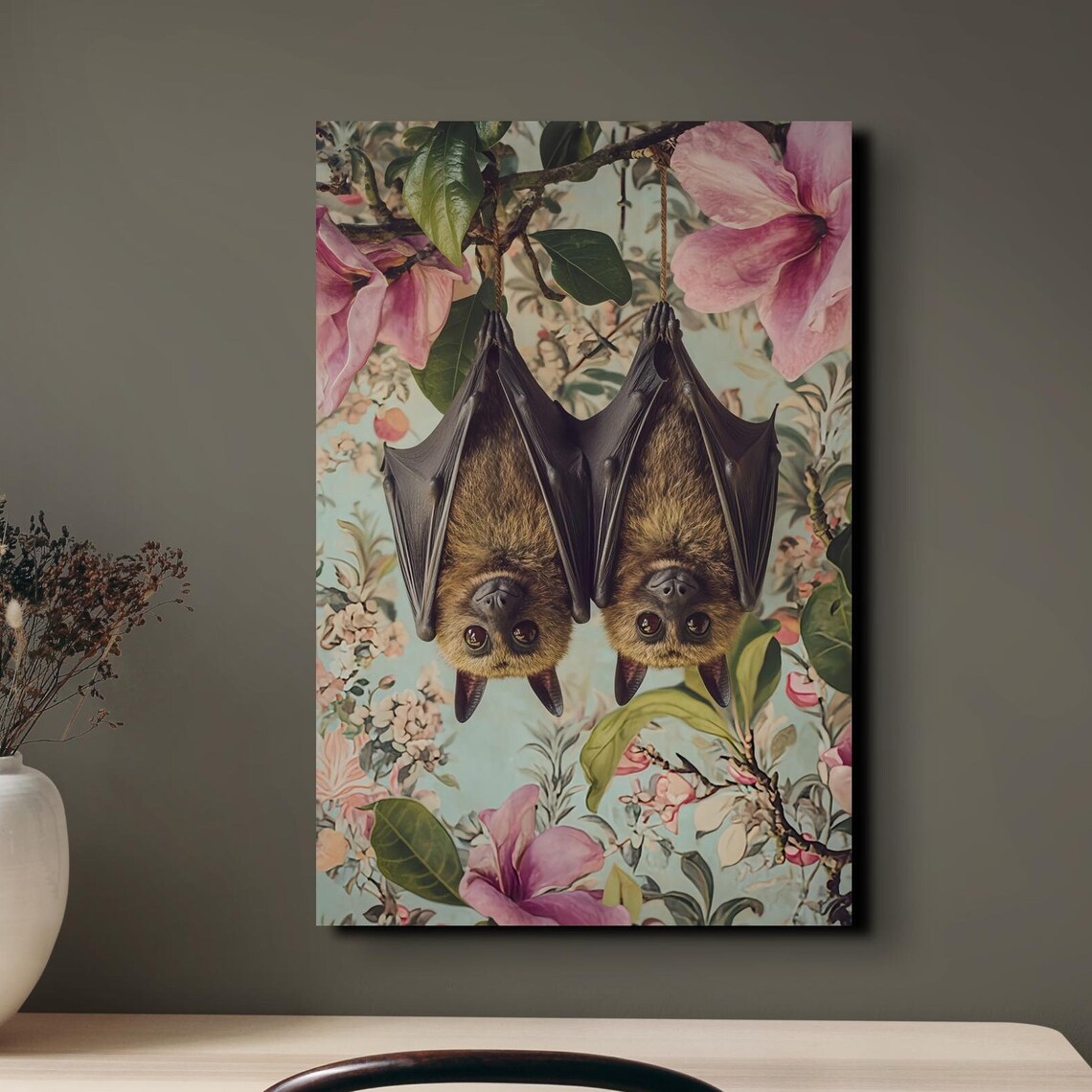 Bat Couple Hanging Upside Down Among Pink Flowers And Green Leaves Poster