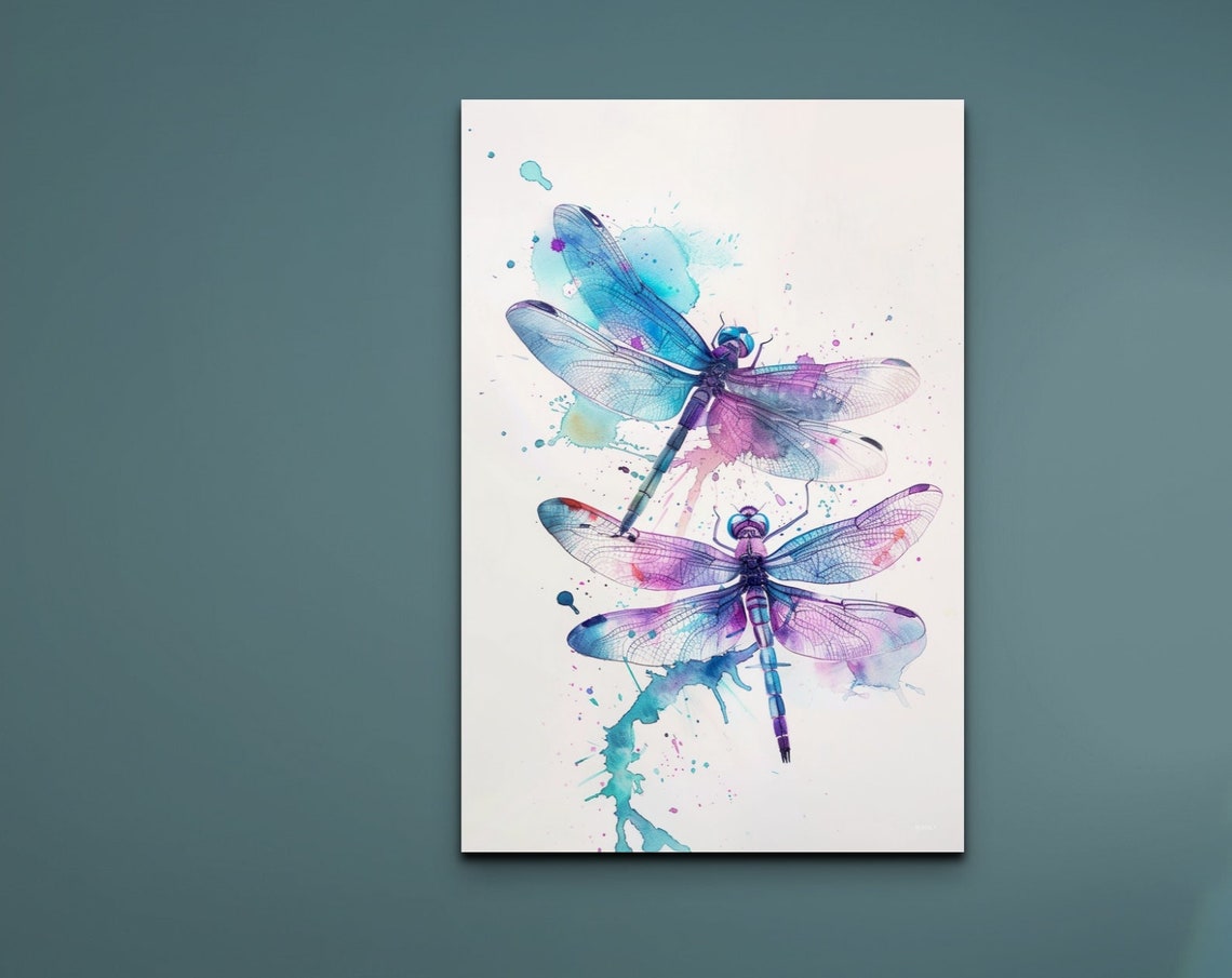 Dragonfly Pair Watercolor Teal Violet Splash Nature Art Poster