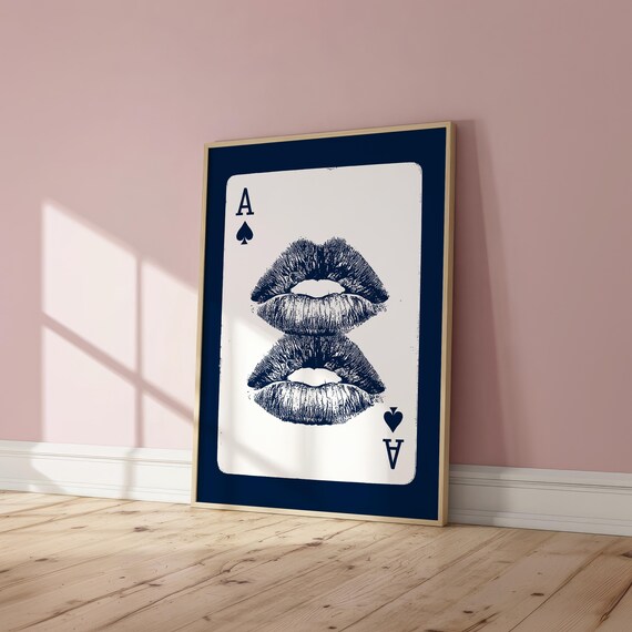 Ace Of Spades Kiss Lips Wall Art College Apartment Decor Navy Funky Print Above Bed Cool Girl Y2k Room